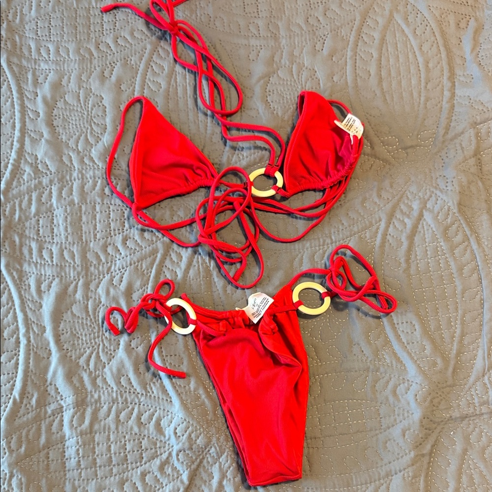 Vibrant Red Bikini Set with Ring Accents
